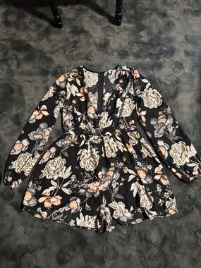 Charlotte Russe Black Floral Romper with Peach & Cream Accents